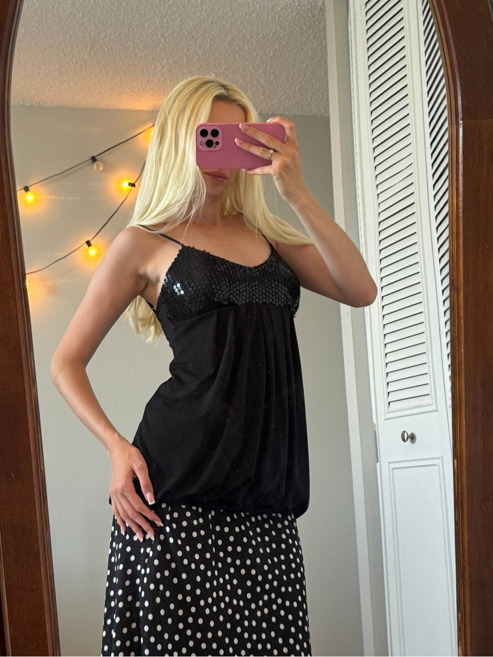Y2K  Black Sequin-Trim Camisole Tank Tunica
